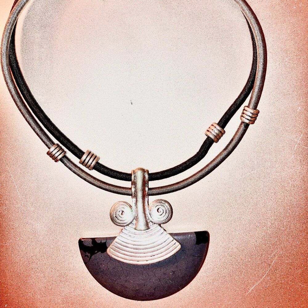 Vintage Necklace Chocker Pre-Columbian Style Crescent Sun Polished Stone Silver